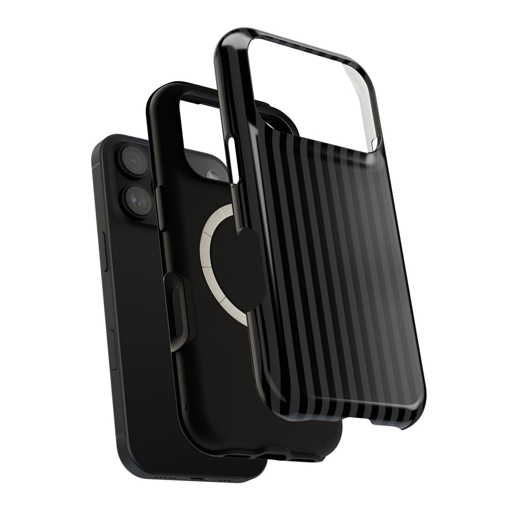 Black Pinstripe MagSafe case, close-up of the dual-layer construction
