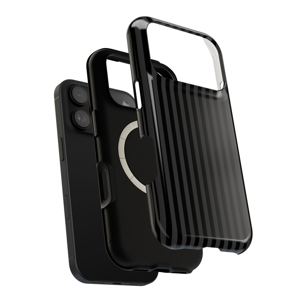Black Pinstripe MagSafe case, close-up of the dual-layer construction