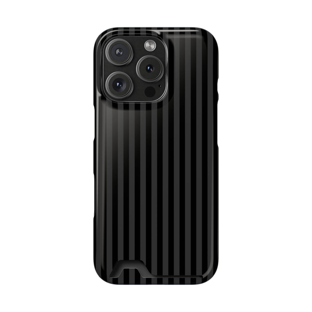 Black Pinstripe phone case with card holder for iPhone 16 Pro, glossy finish