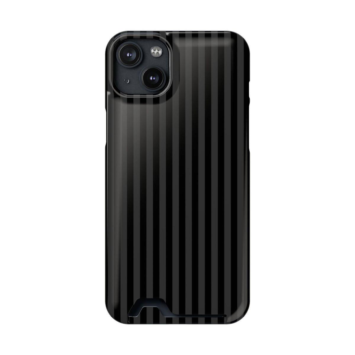 Black Pinstripe phone case with card holder for iPhone 14 Plus, glossy finish