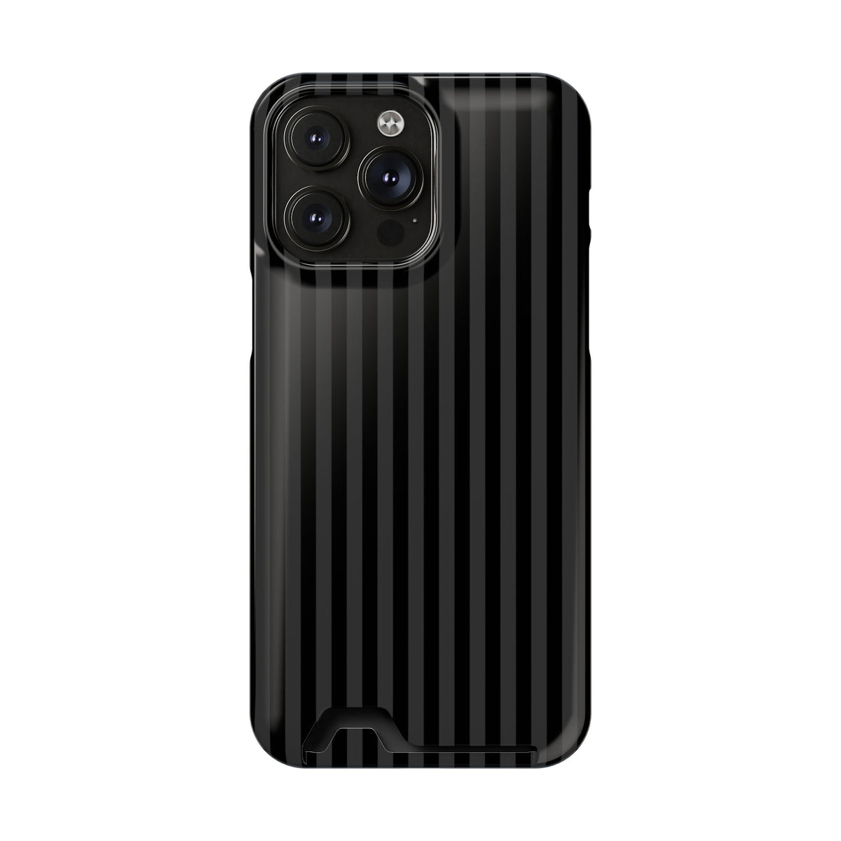 Black Pinstripe phone case with card holder for iPhone 14 Pro Max, glossy finish