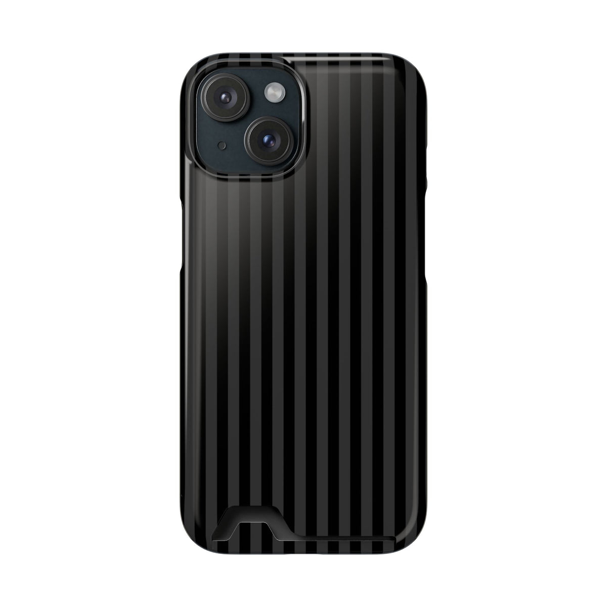 Black Pinstripe phone case with card holder for iPhone 15, glossy finish