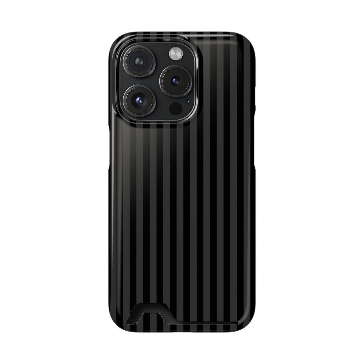 Black Pinstripe phone case with card holder for iPhone 15 Pro, glossy finish