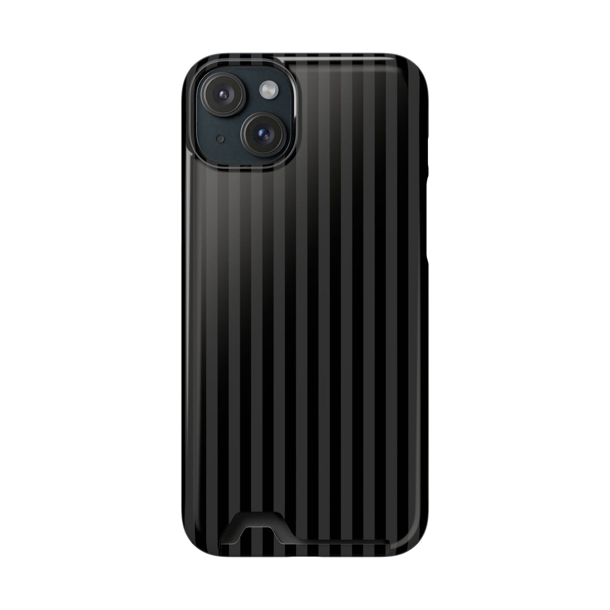 Black Pinstripe phone case with card holder for iPhone 15 Plus, glossy finish