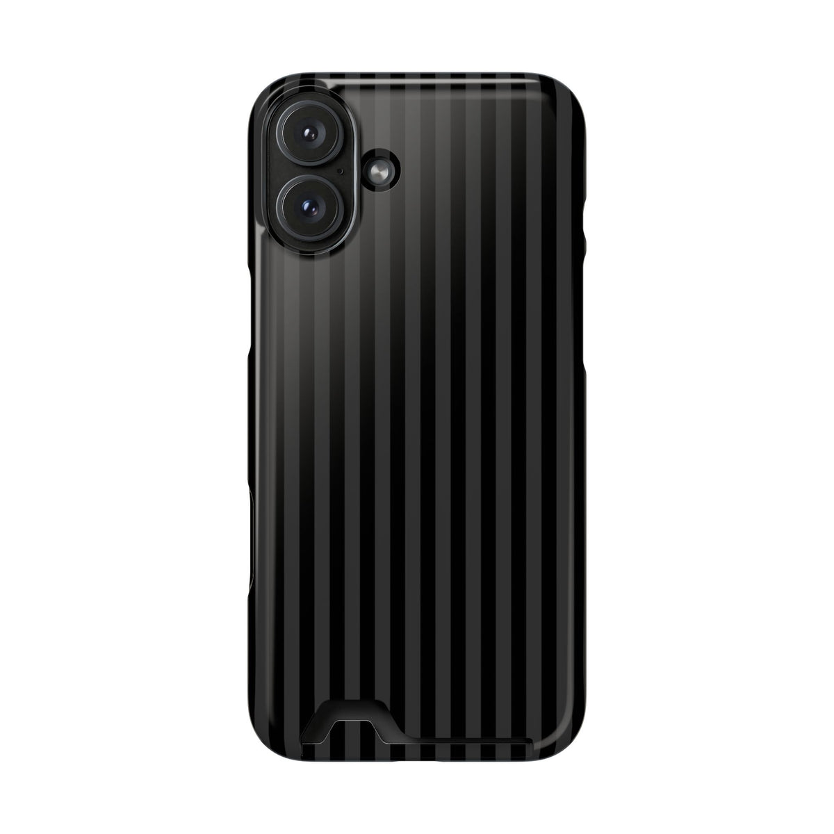 Black Pinstripe phone case with card holder for iPhone 16 Plus, glossy finish