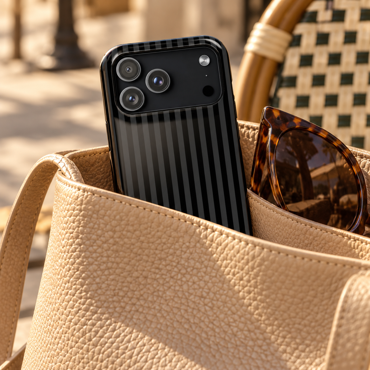 Black Pinstripe phone case with card holder, tone-on-tone black pinstripes, lifestyle photo in a handbag