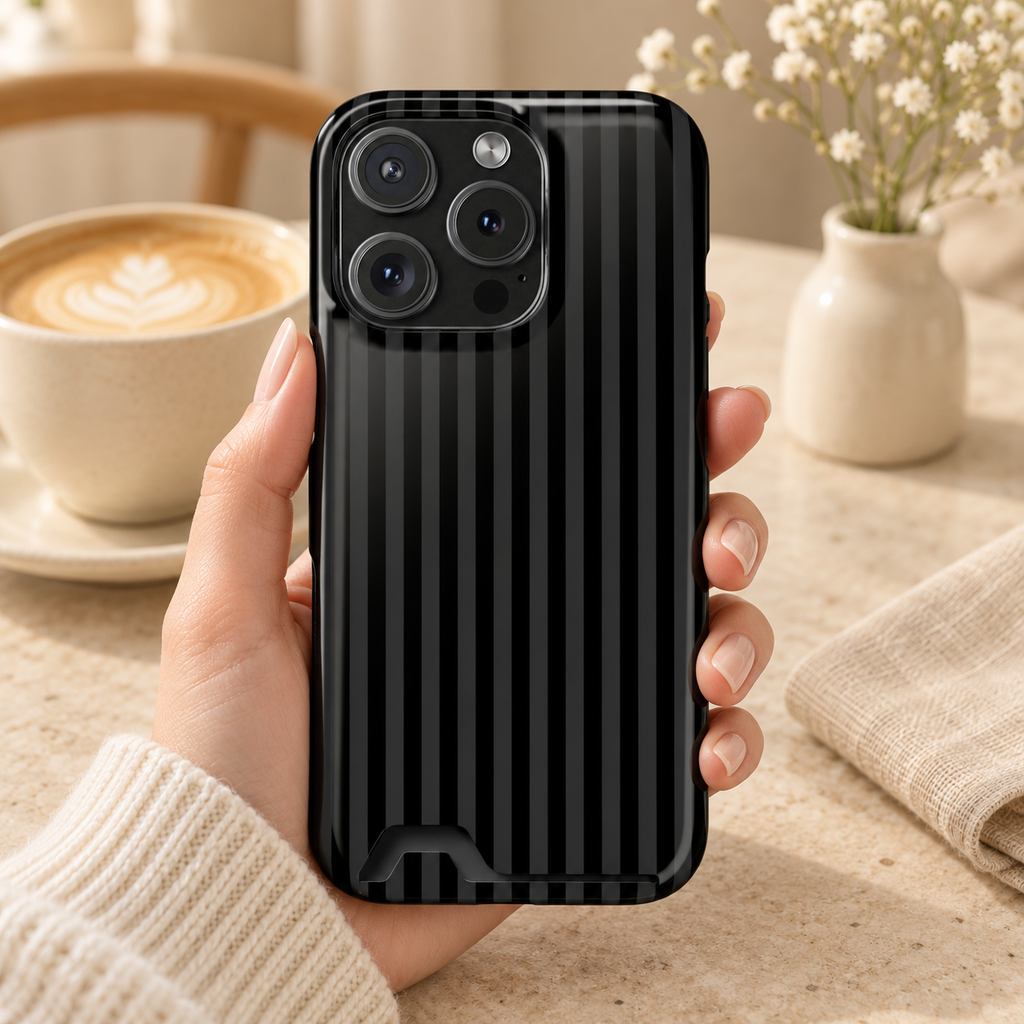 Black Pinstripe phone case with card holder, tone-on-tone black pinstripes, lifestyle photo in hand with coffee
