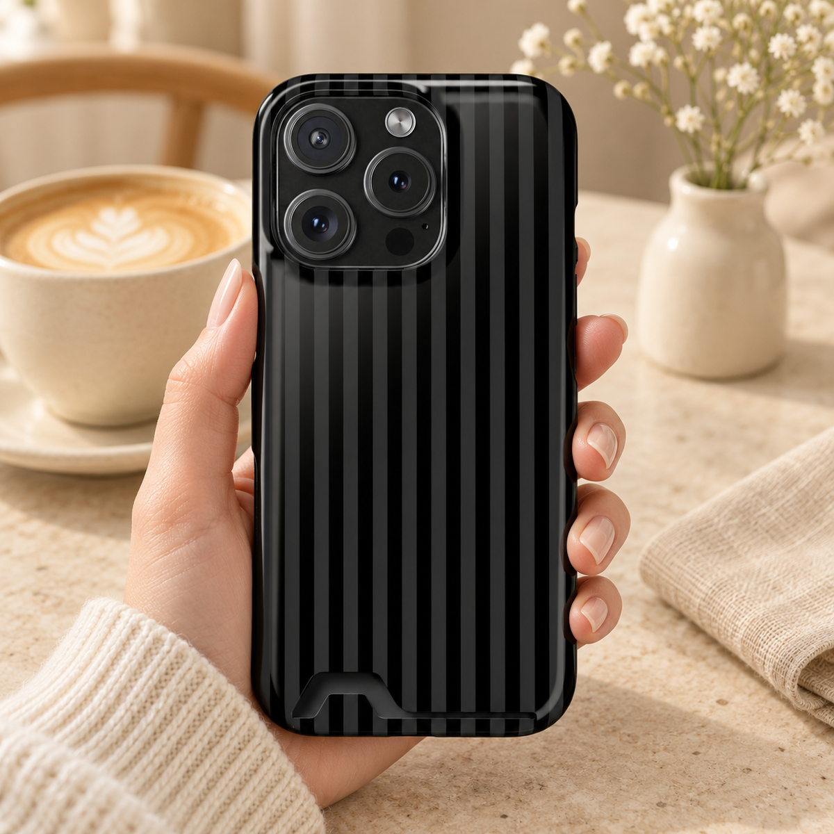 Black Pinstripe phone case with card holder, tone-on-tone black pinstripes, lifestyle photo in hand with coffee