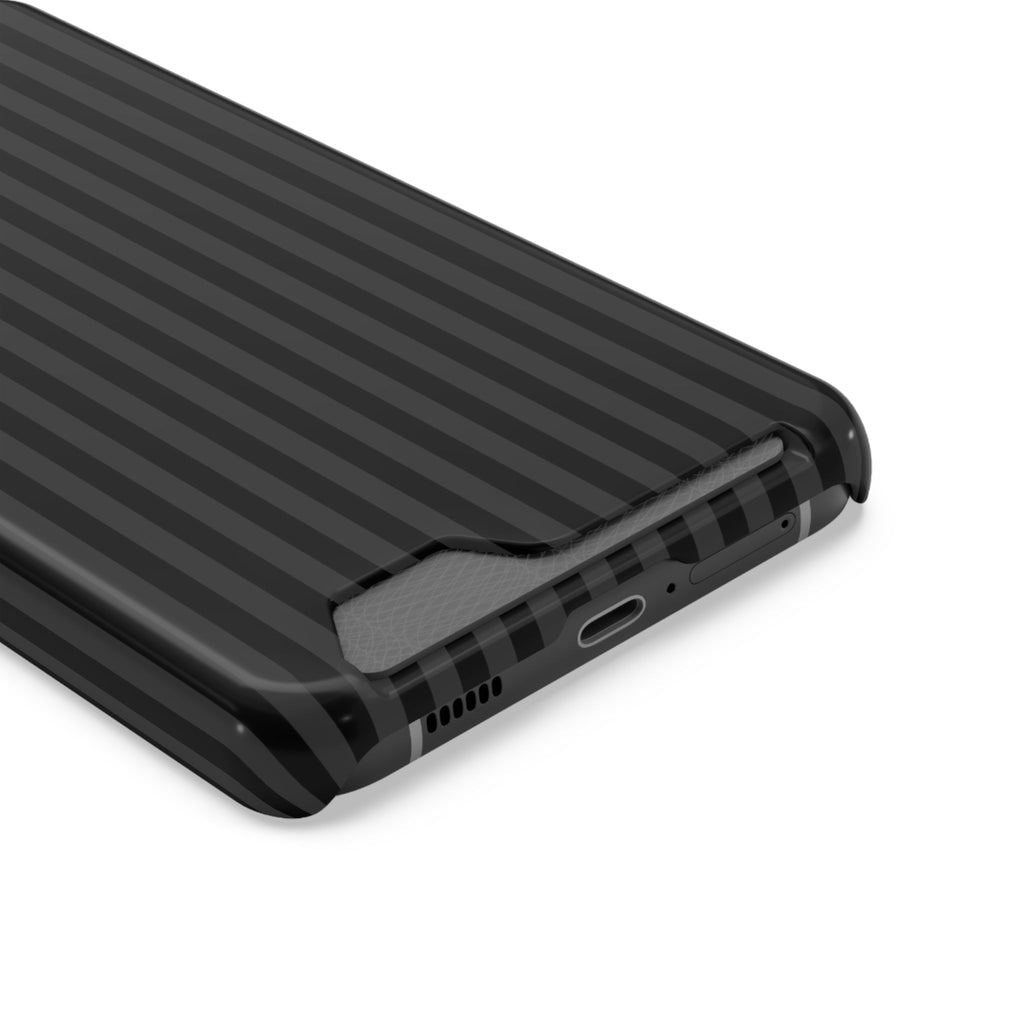 Black Pinstripe phone case with card holder, close-up of the card slot