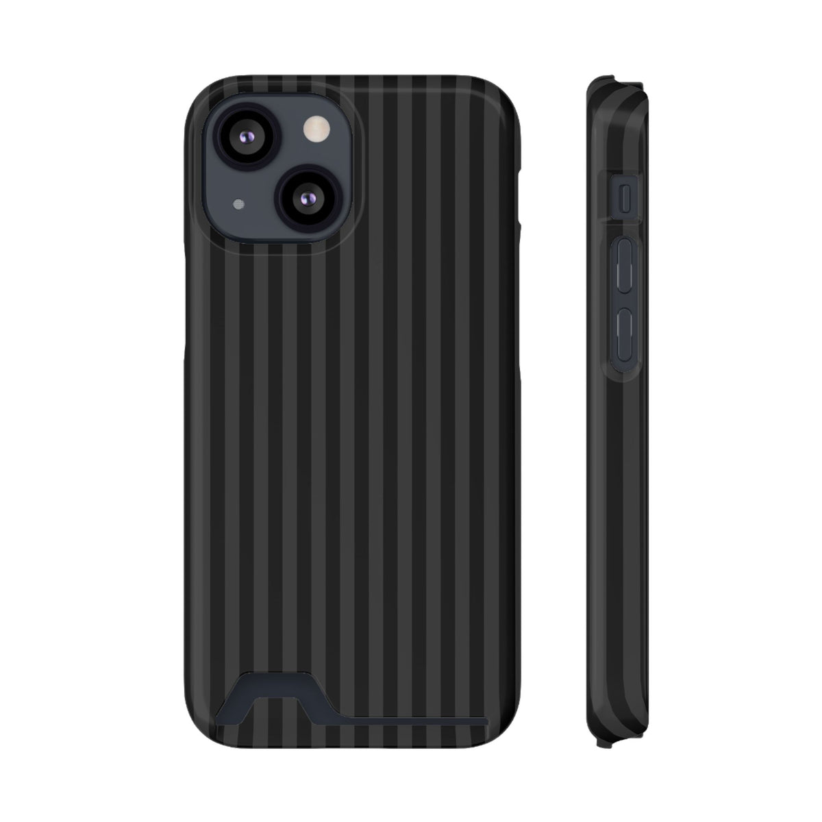 Black Pinstripe phone case with card holder for iPhone 13 Mini, glossy finish