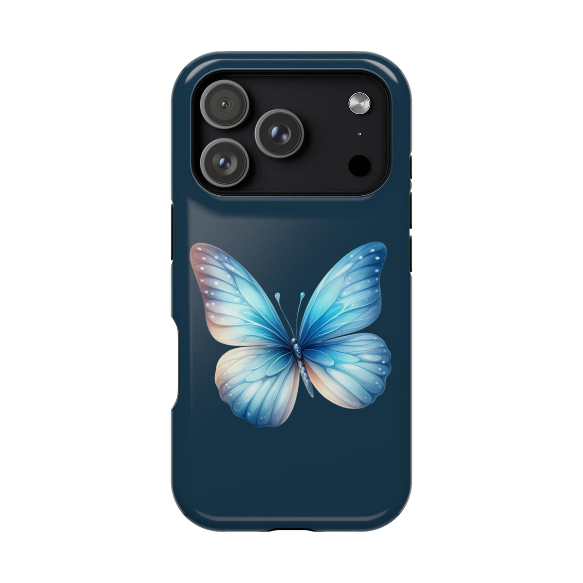 Blue Butterfly protective phone case for iPhone 18 Pro, glossy finish