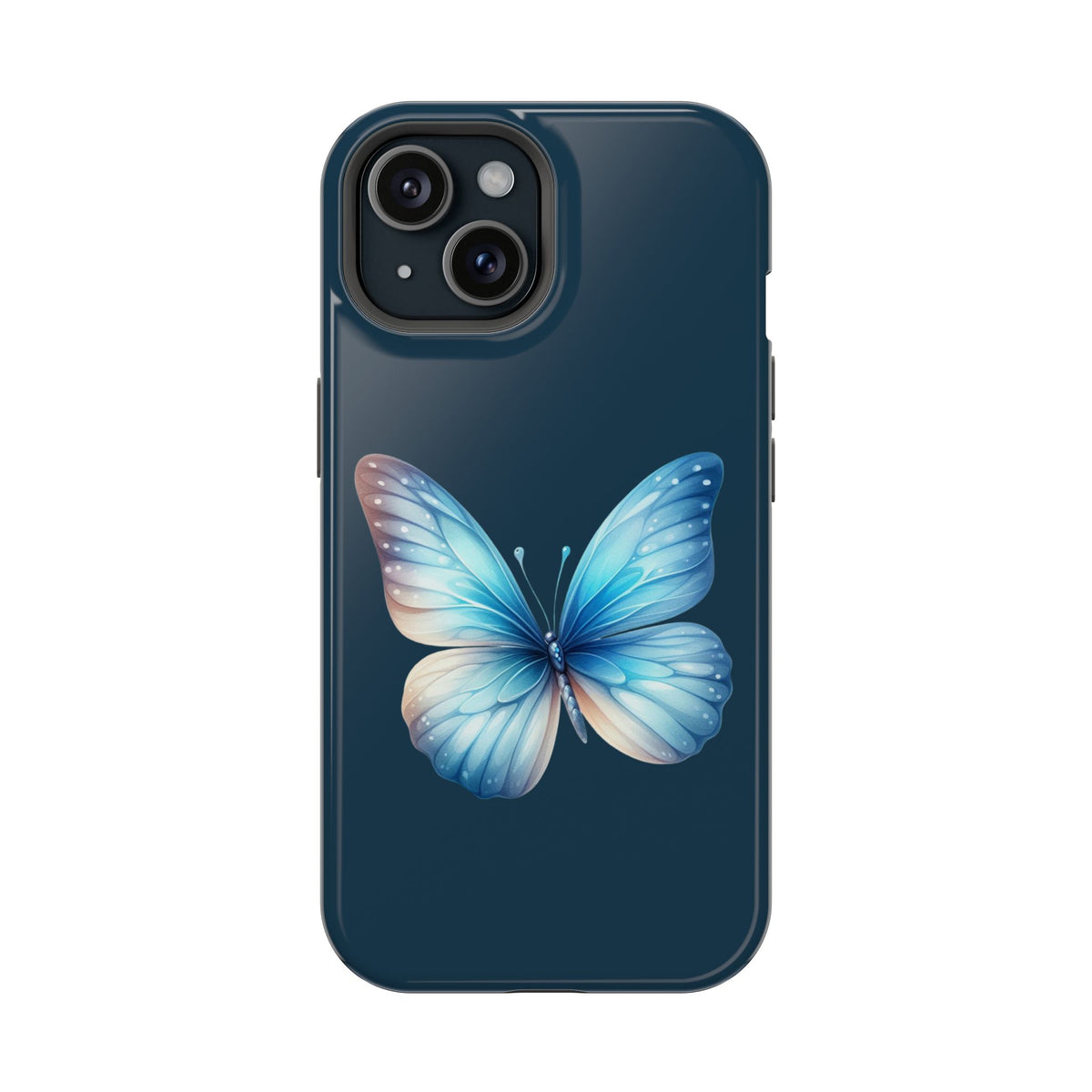 Blue Butterfly protective phone case for iPhone 15, glossy finish