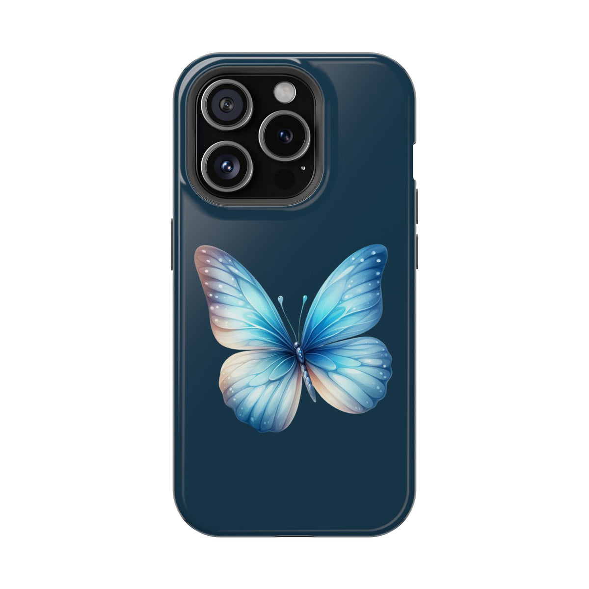 Blue Butterfly protective phone case for iPhone 15 Pro, glossy finish