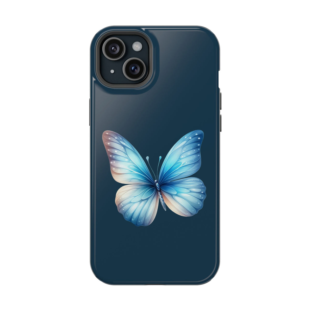 Blue Butterfly protective phone case for iPhone 15 Plus, glossy finish