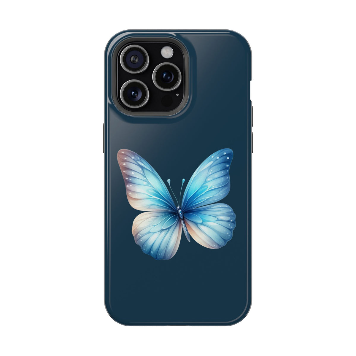 Blue Butterfly protective phone case for iPhone 15 Pro Max, glossy finish