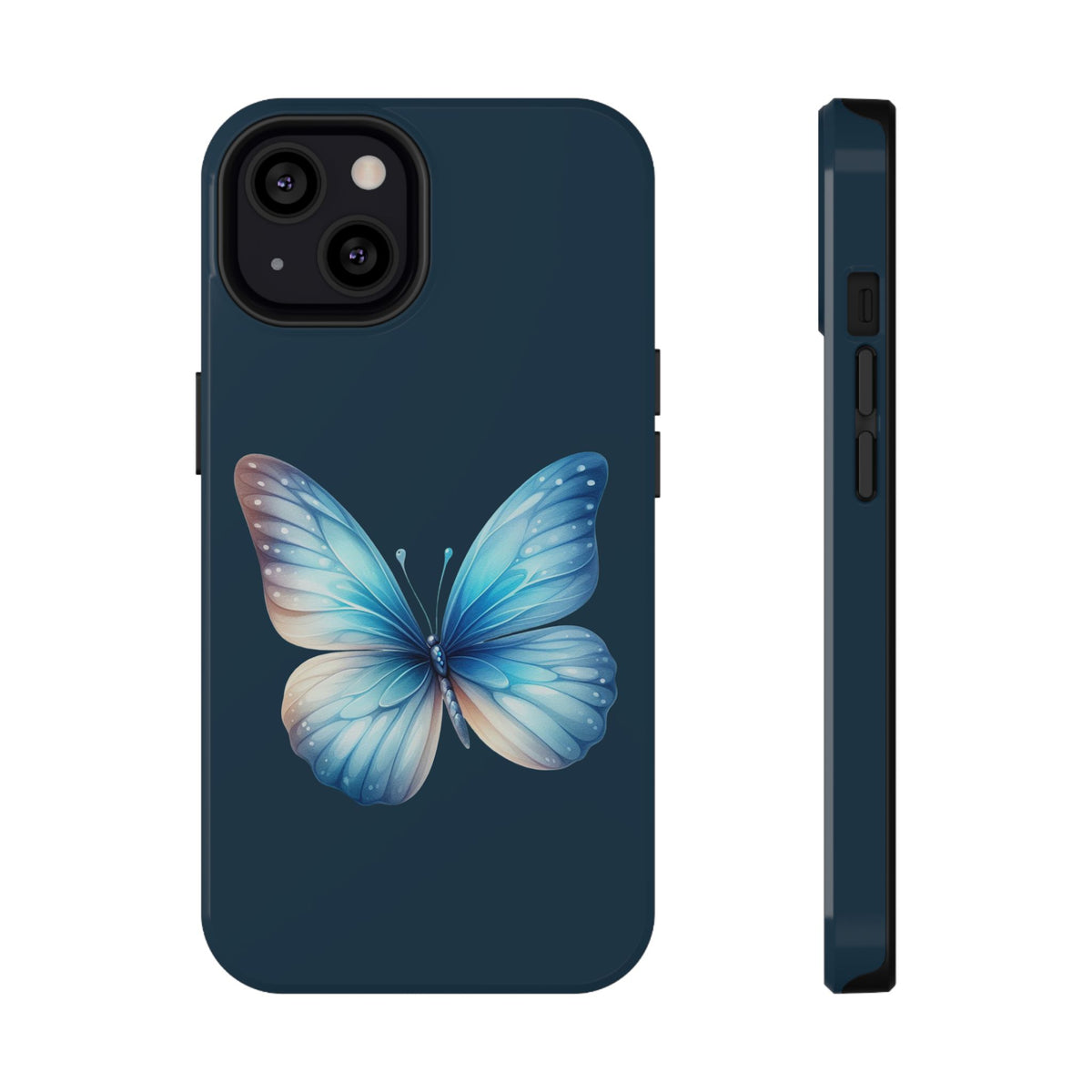 Blue Butterfly protective phone case for iPhone 13, glossy finish