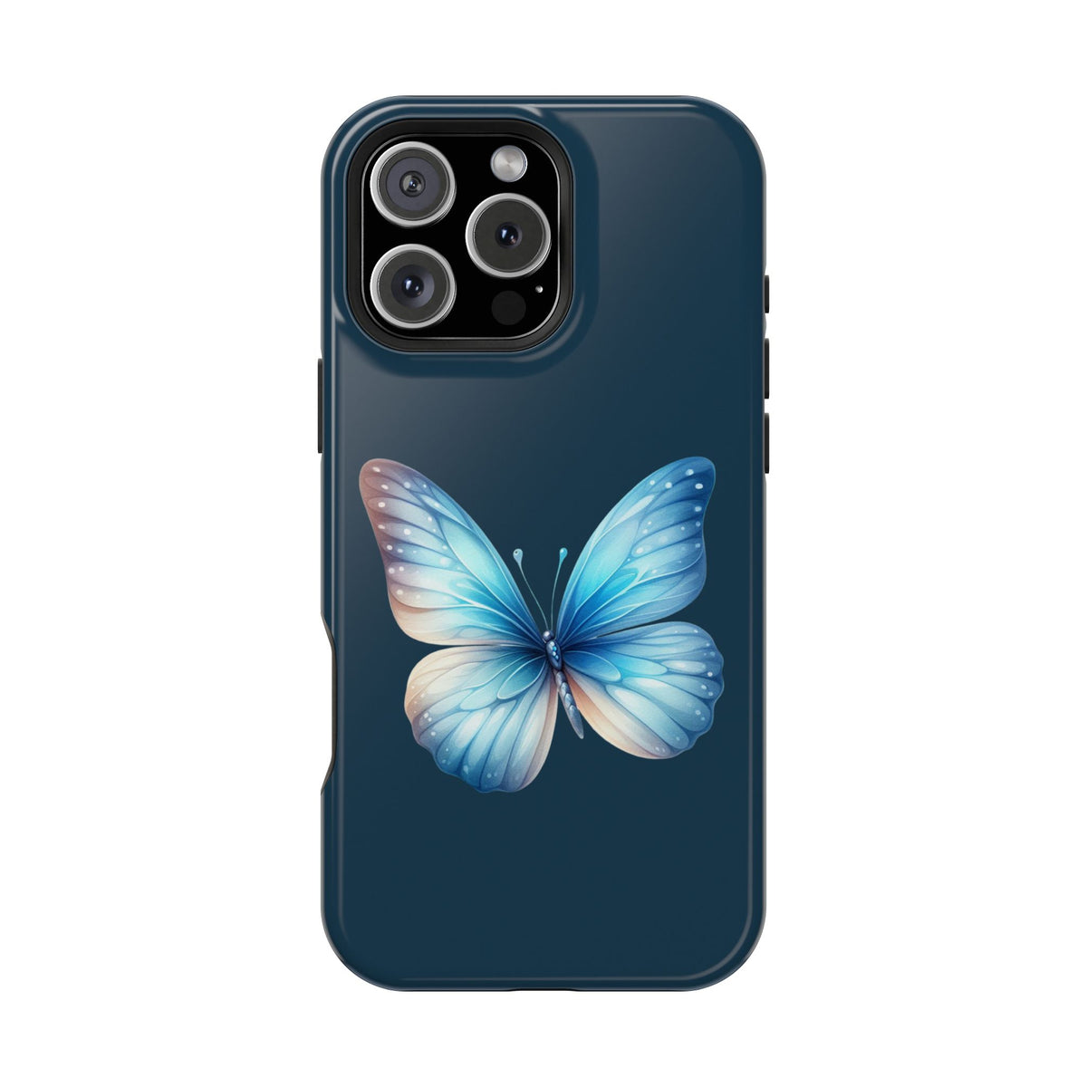 Blue Butterfly protective phone case for iPhone 16 Pro Max, glossy finish