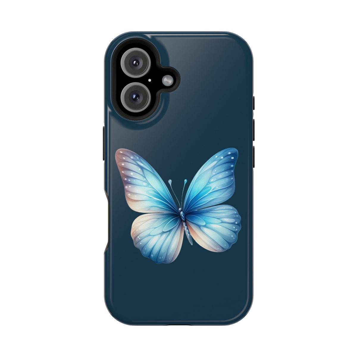 Blue Butterfly protective phone case for iPhone 16, glossy finish
