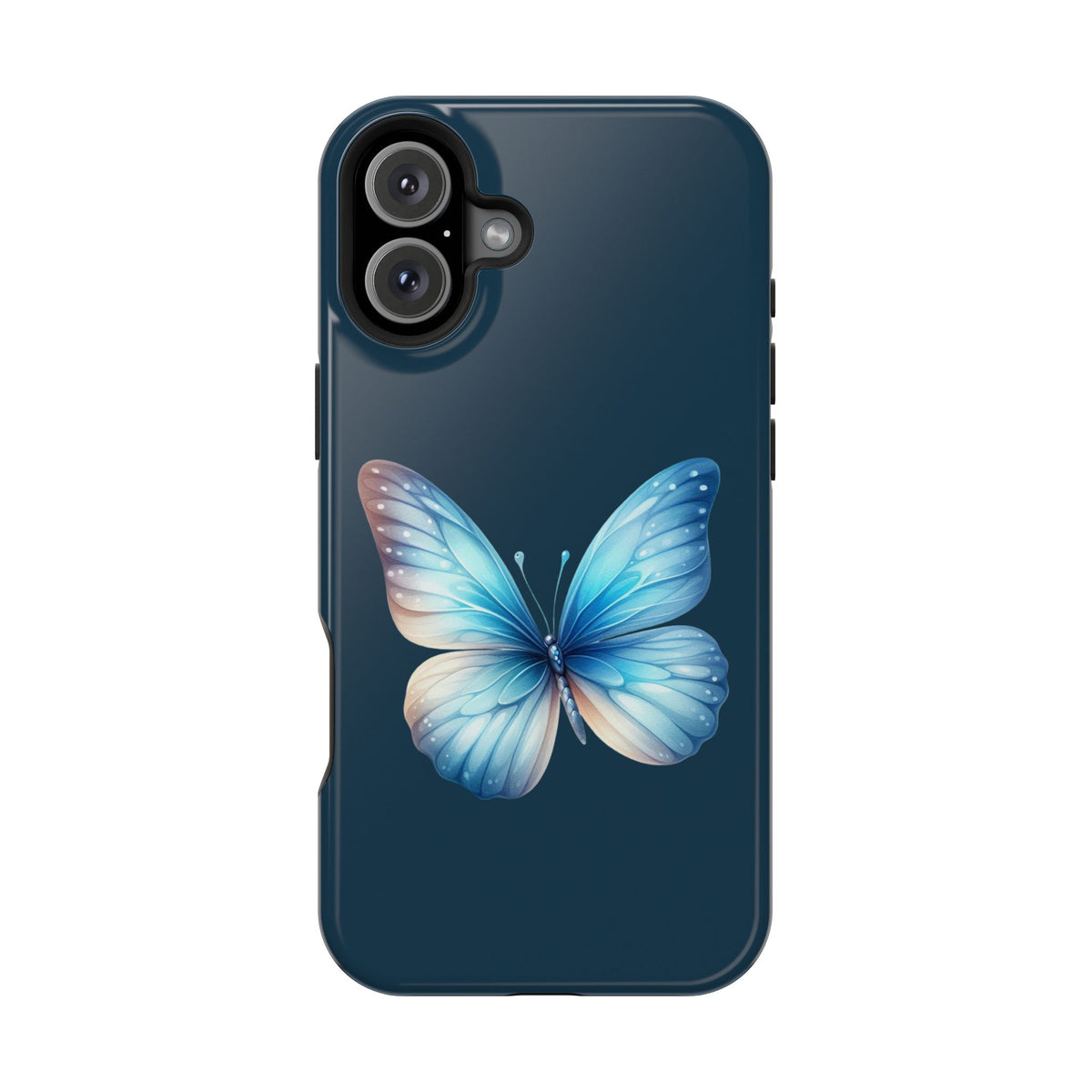 Blue Butterfly protective phone case for iPhone 16 Plus, glossy finish