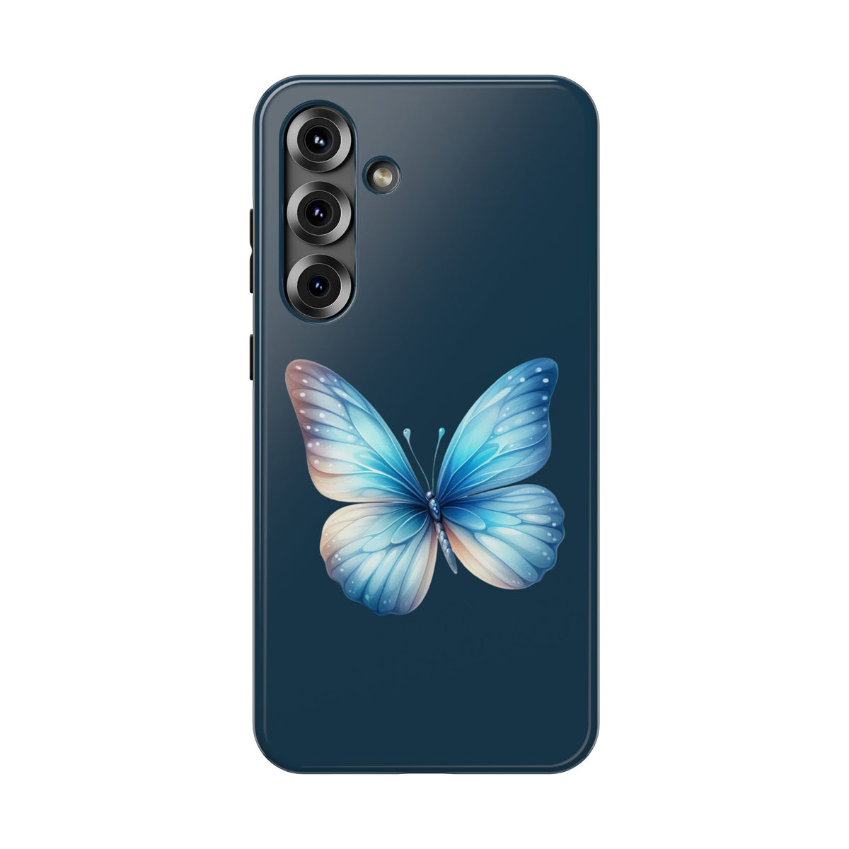 Blue Butterfly protective phone case for Samsung Galaxy S25 Plus, glossy finish