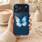 Blue Butterfly protective phone case, a blue butterfly on deep navy, lifestyle photo in hand with coffee