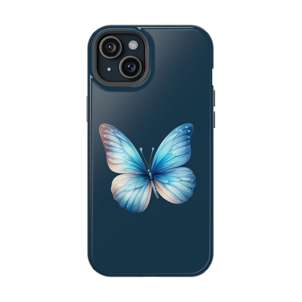 Blue Butterfly MagSafe case for iPhone 15 Plus, glossy finish