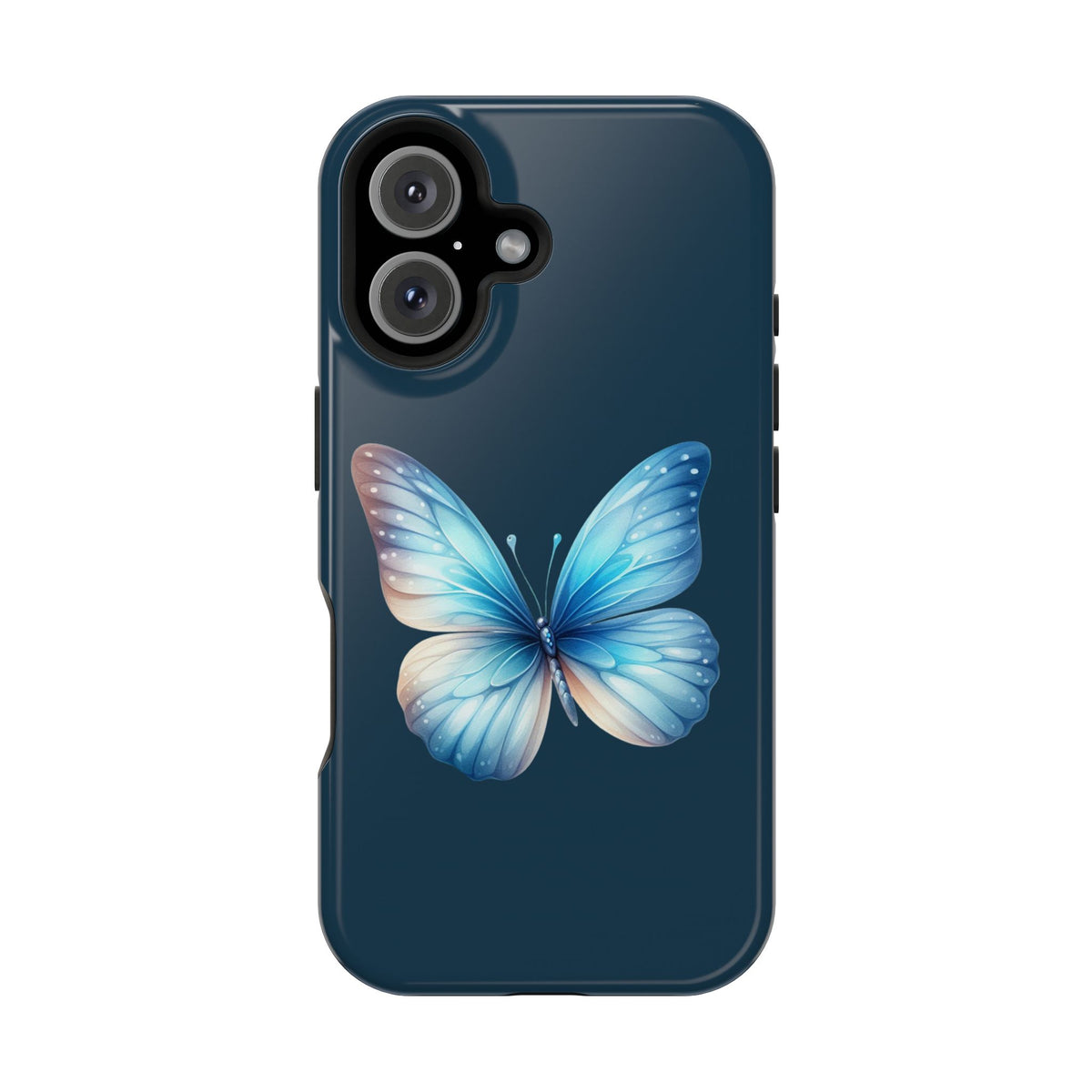 Blue Butterfly MagSafe case for iPhone 16, glossy finish