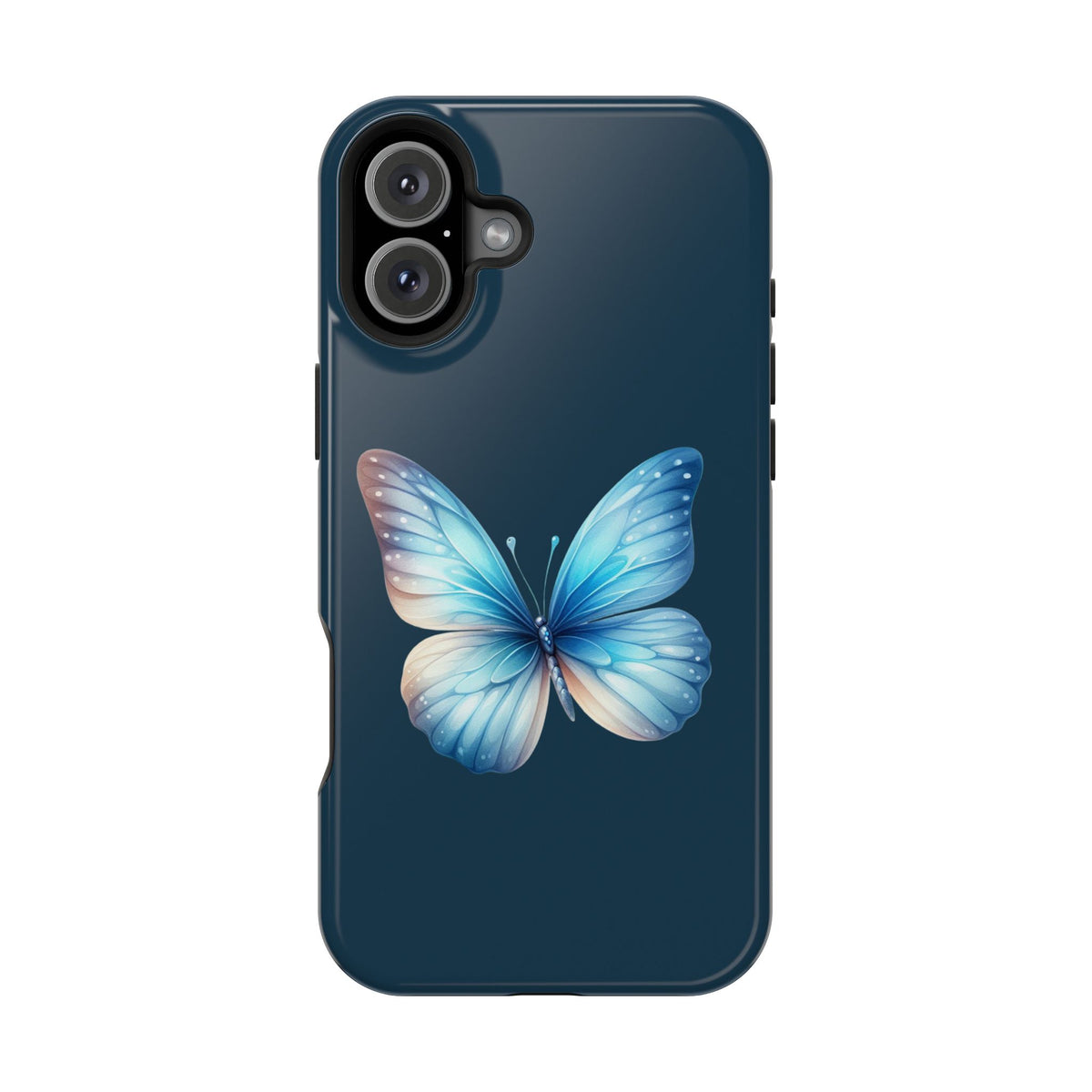 Blue Butterfly MagSafe case for iPhone 16 Plus, glossy finish