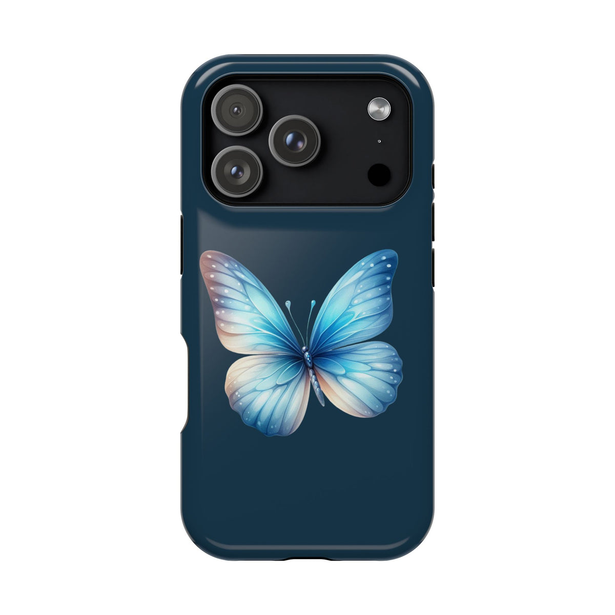 Blue Butterfly MagSafe case for iPhone 17 Pro, glossy finish