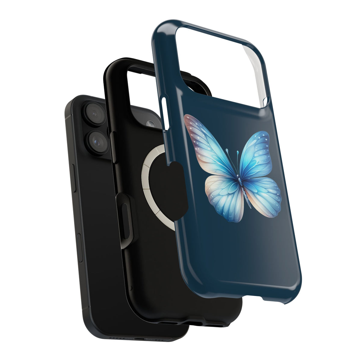 Blue Butterfly MagSafe case, close-up of the dual-layer construction