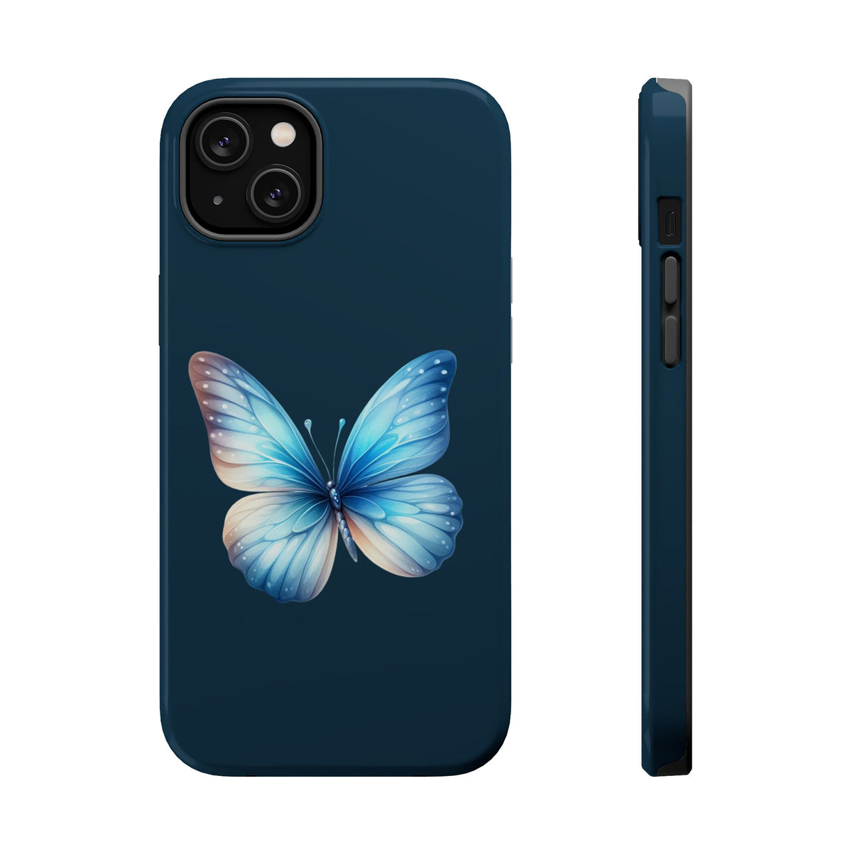 Blue Butterfly MagSafe case for iPhone 14 Plus, glossy finish
