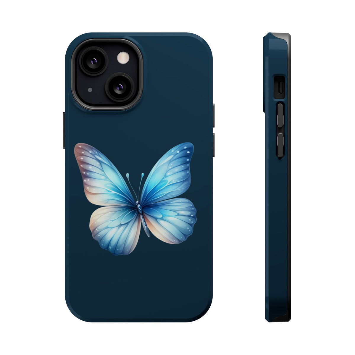 Blue Butterfly MagSafe case for iPhone 13 Mini, glossy finish