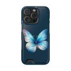 Blue Butterfly phone case with card holder for iPhone 16 Pro, glossy finish