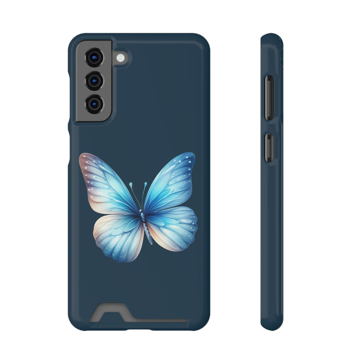 Blue Butterfly phone case with card holder for Samsung Galaxy S21 Plus, glossy finish