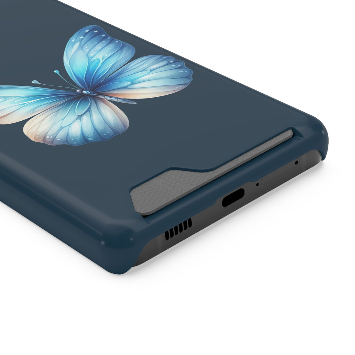 Blue Butterfly phone case with card holder for Samsung Galaxy S21 Ultra, glossy finish
