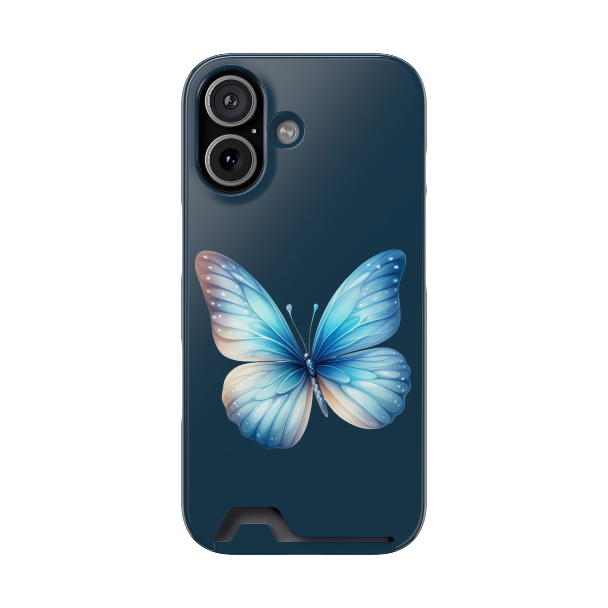Blue Butterfly phone case with card holder for iPhone 17, glossy finish