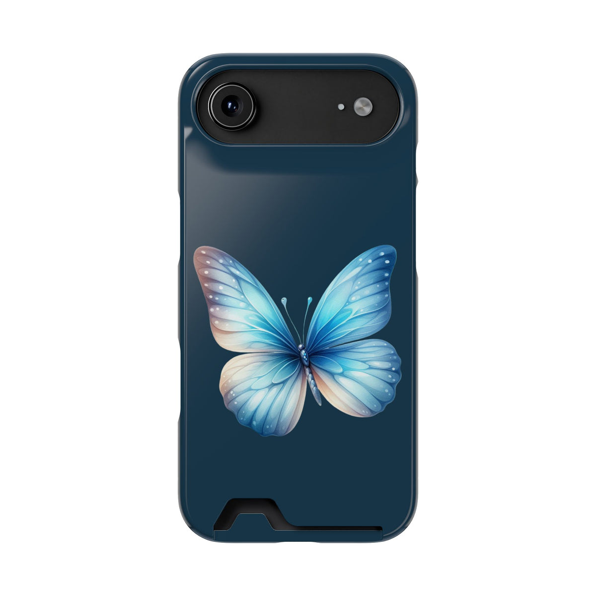 Blue Butterfly phone case with card holder for iPhone 17 Air, glossy finish