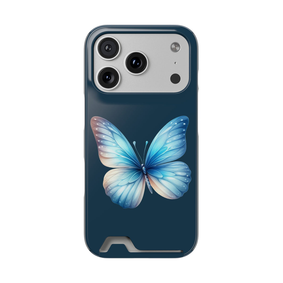 Blue Butterfly phone case with card holder for iPhone 17 Pro, glossy finish