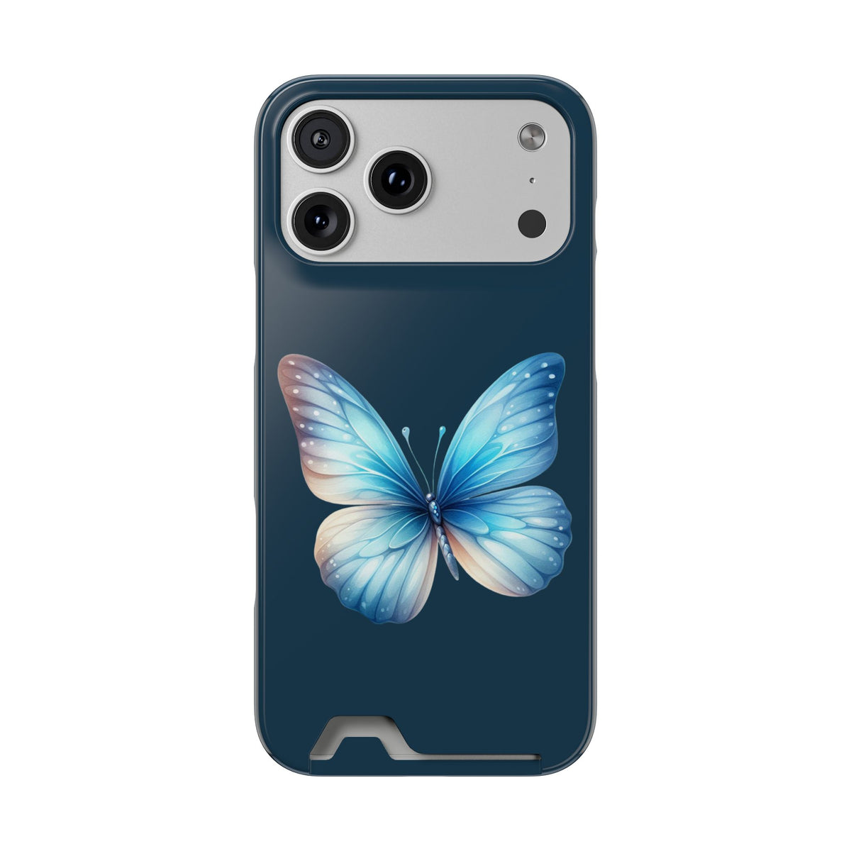 Blue Butterfly phone case with card holder for iPhone 17 Pro Max, glossy finish