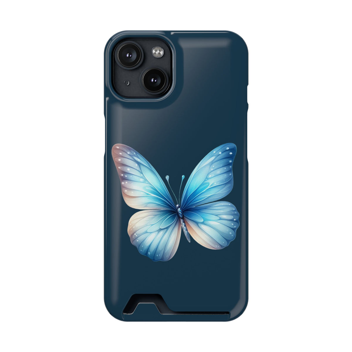Blue Butterfly phone case with card holder for iPhone 14, glossy finish
