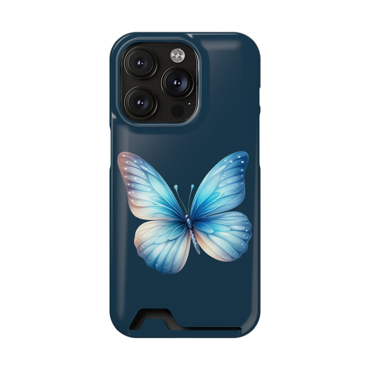 Blue Butterfly phone case with card holder for iPhone 14 Pro, glossy finish