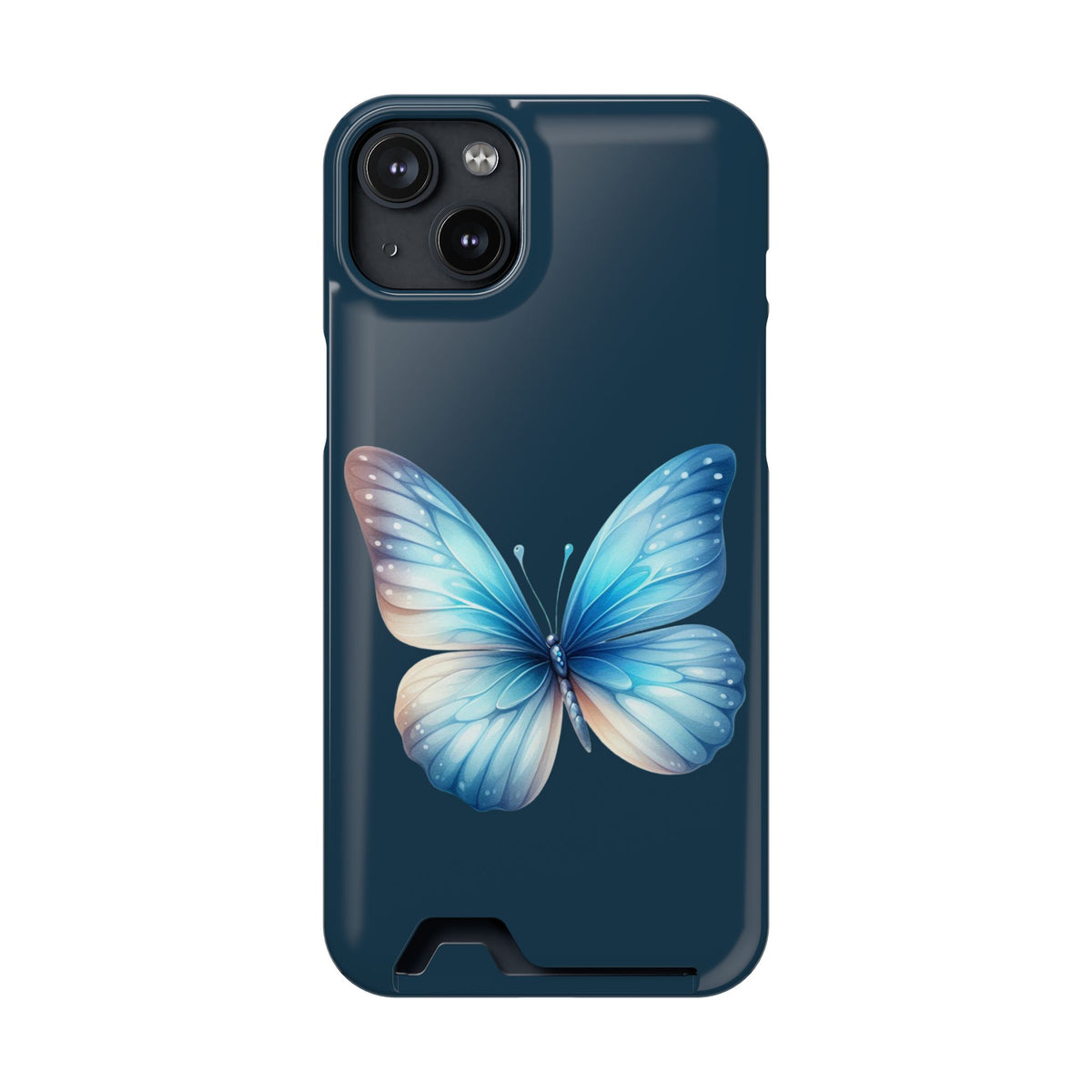 Blue Butterfly phone case with card holder for iPhone 14 Plus, glossy finish
