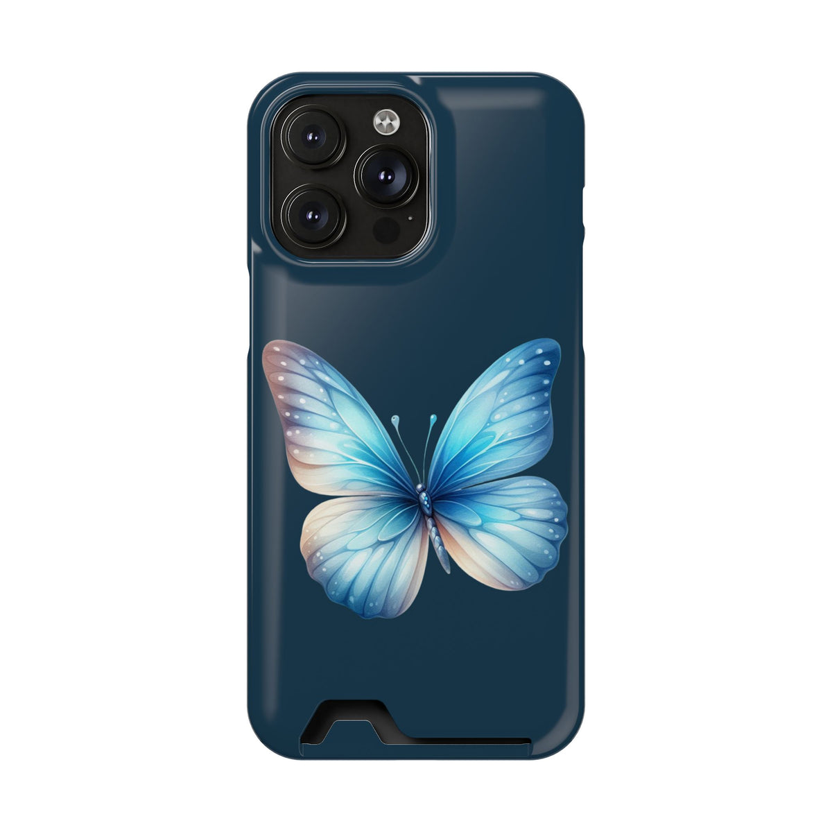 Blue Butterfly phone case with card holder for iPhone 14 Pro Max, glossy finish