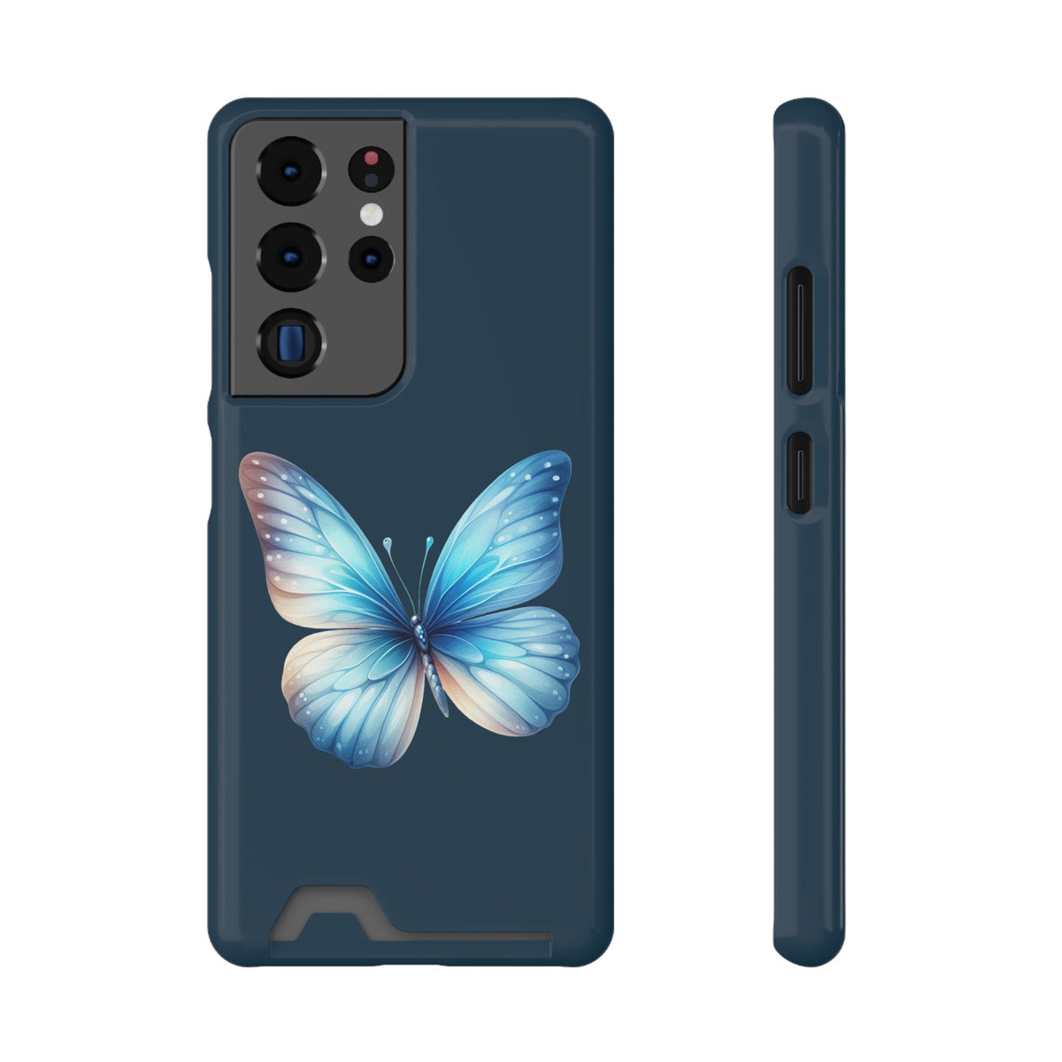 Blue Butterfly phone case with card holder for Samsung Galaxy S22 Plus, glossy finish