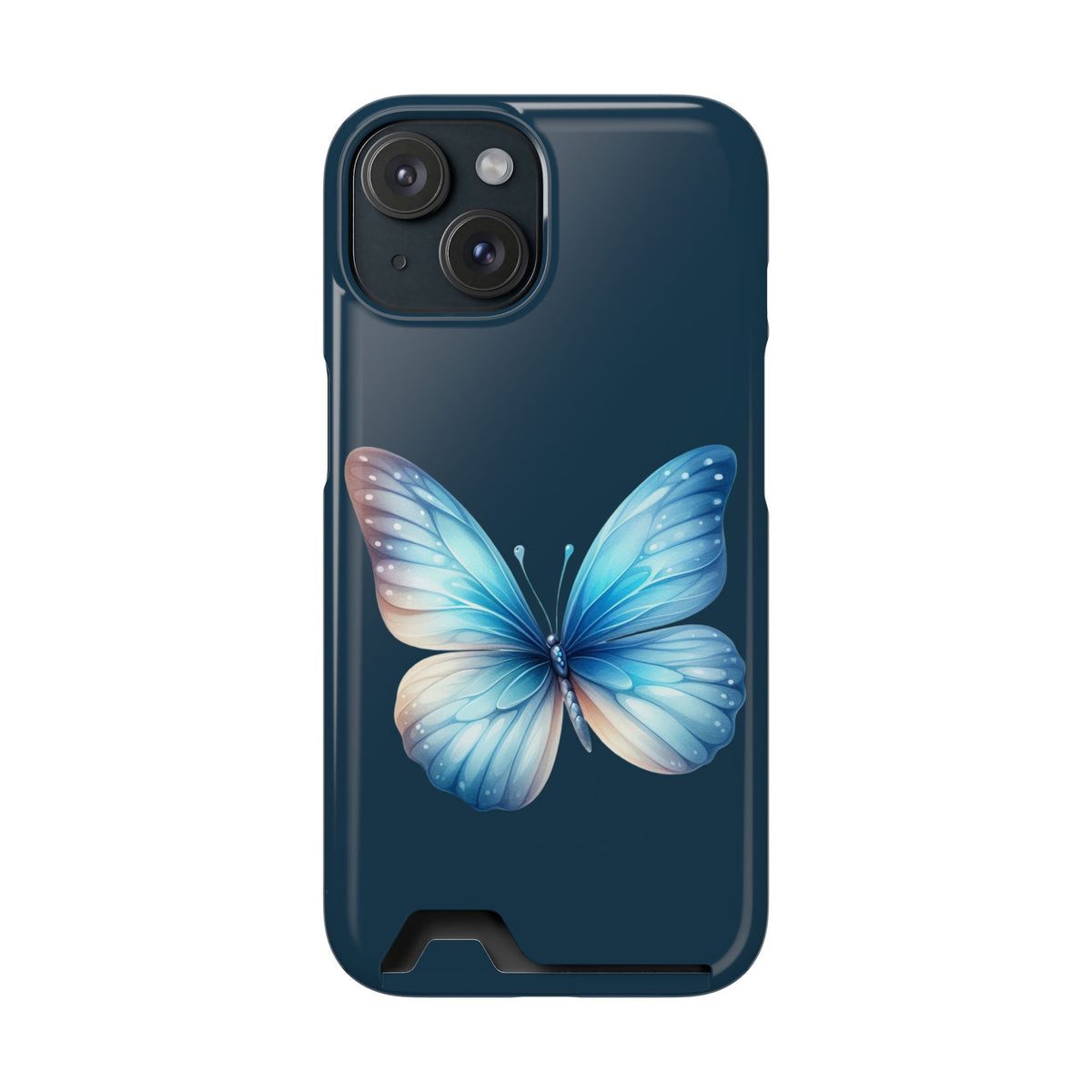 Blue Butterfly phone case with card holder for iPhone 15, glossy finish