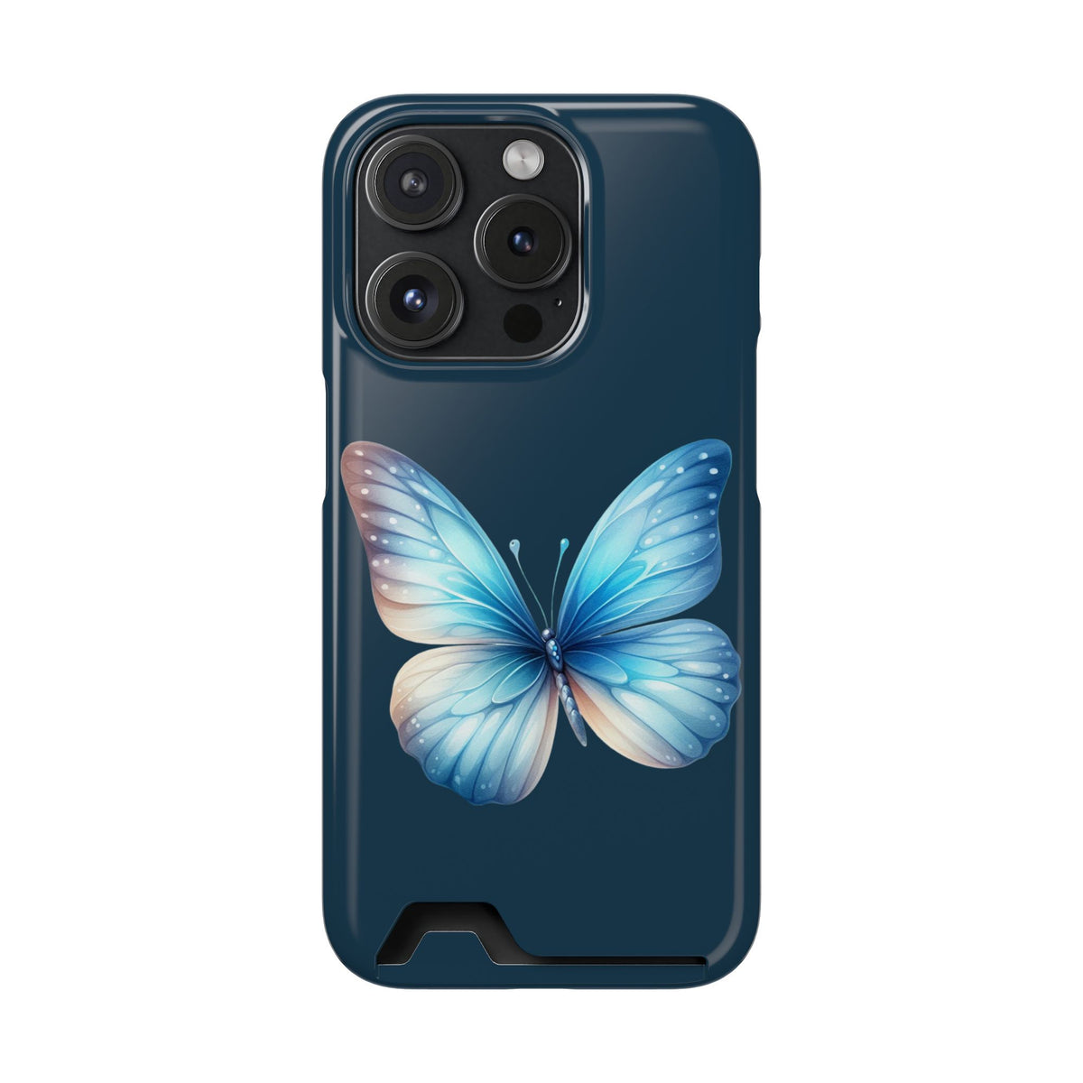 Blue Butterfly phone case with card holder for iPhone 15 Pro, glossy finish