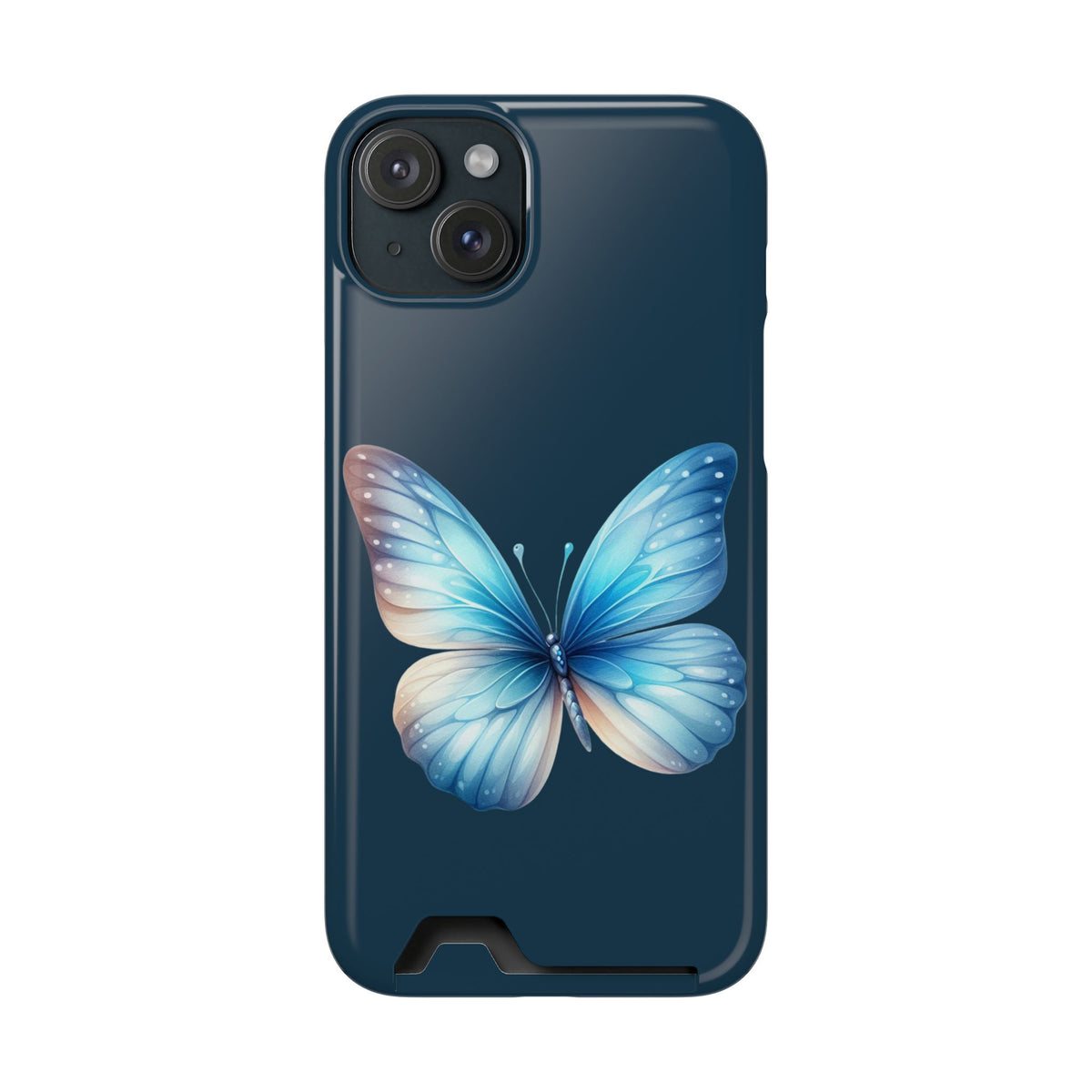 Blue Butterfly phone case with card holder for iPhone 15 Plus, glossy finish