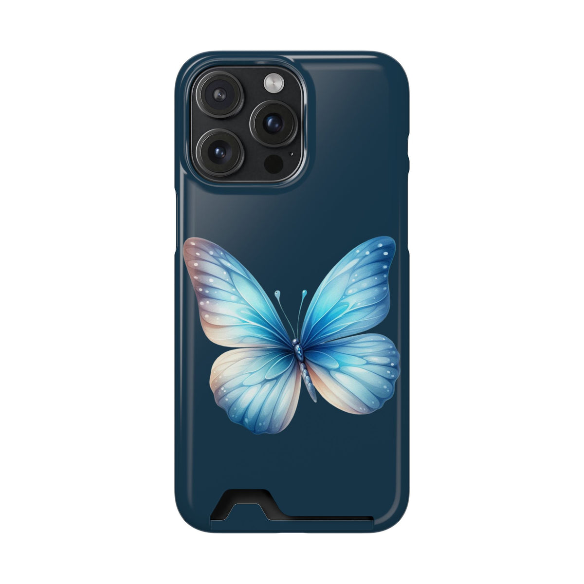 Blue Butterfly phone case with card holder for iPhone 15 Pro Max, glossy finish