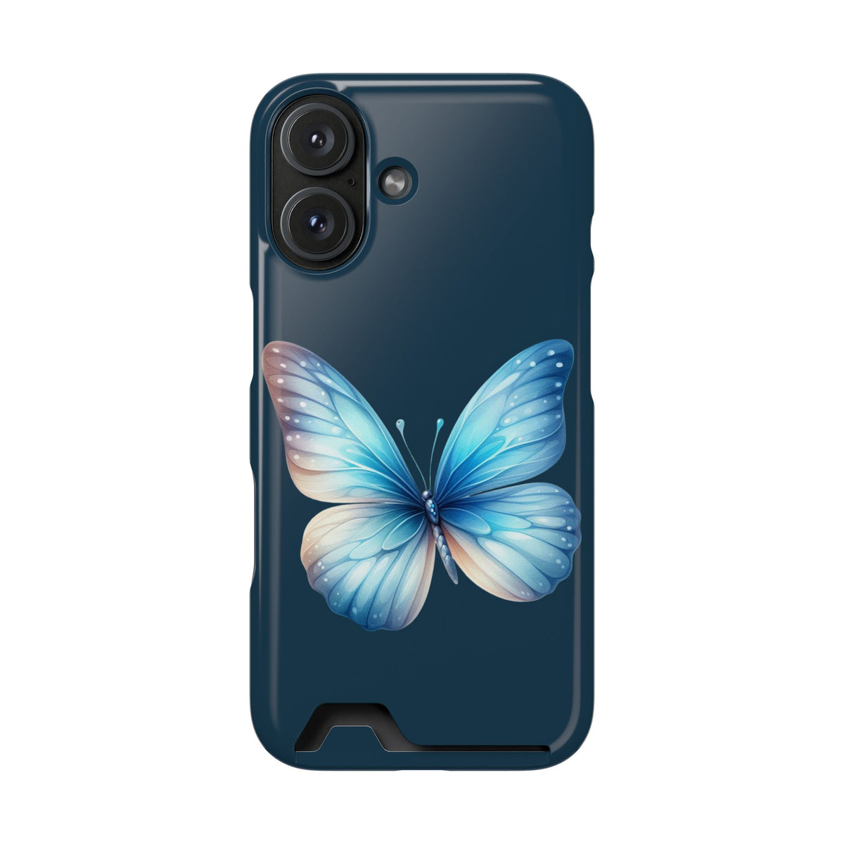 Blue Butterfly phone case with card holder for iPhone 16, glossy finish