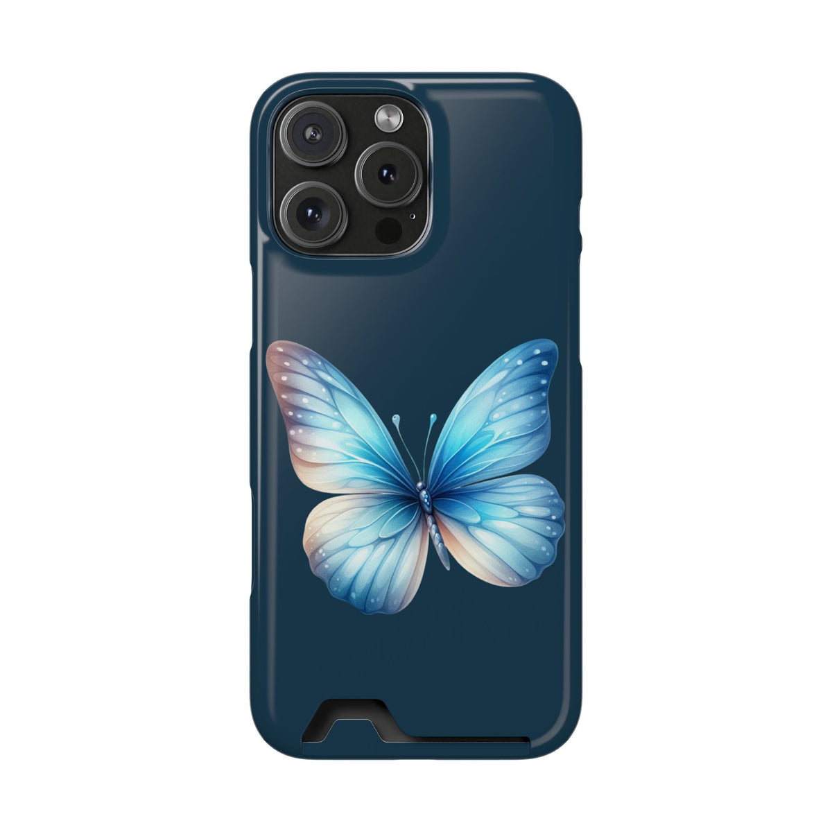 Blue Butterfly phone case with card holder for iPhone 16 Pro Max, glossy finish